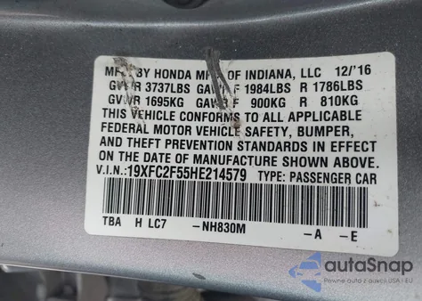 2017 Honda Civic Lx z USA, uszkodzony, nr VIN 19XFC2F55HE214579